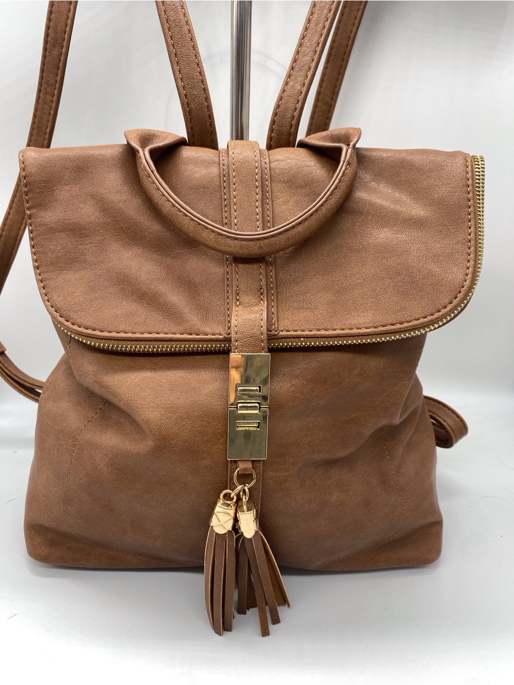 Miztique Brown VeganLeather Backpack with Gold Tassel Accents